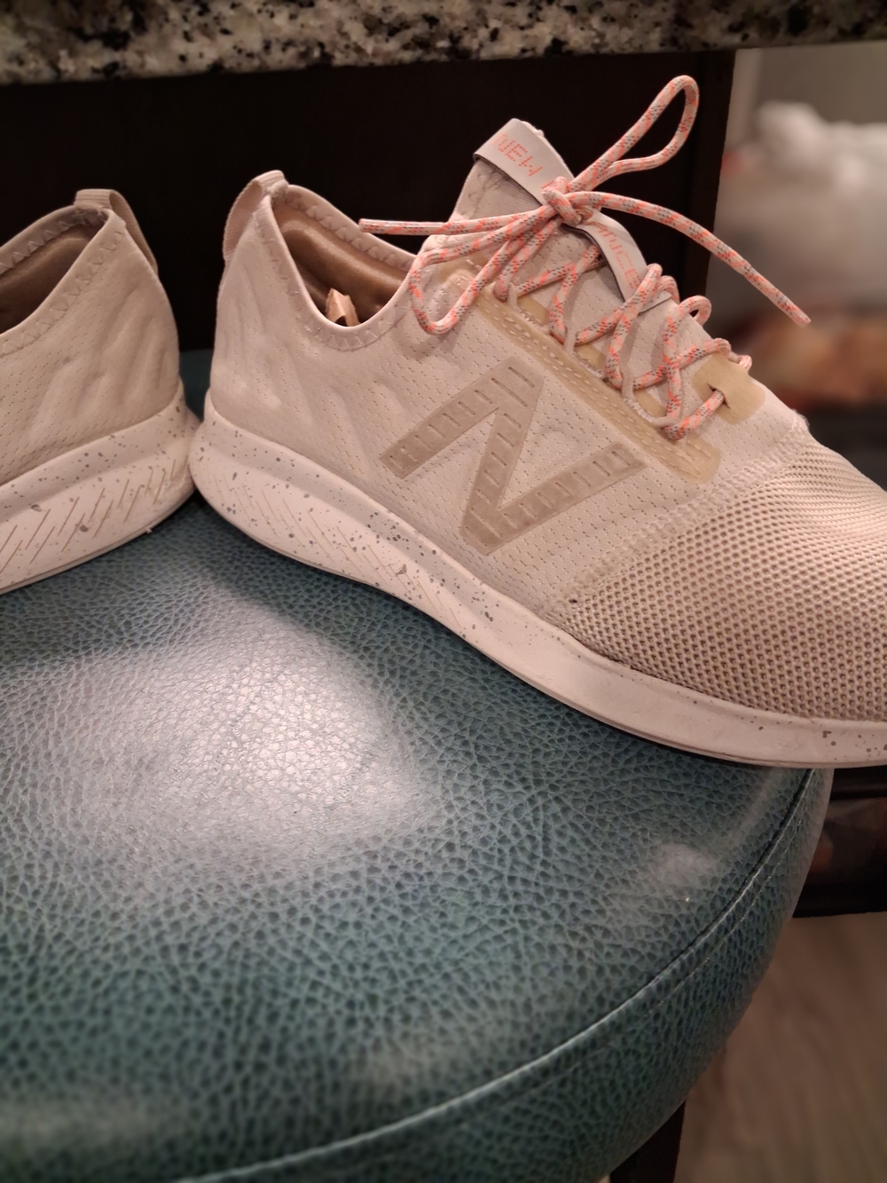 New Balance Women’s Light Beige Knit Sneakers with Coral-Pink Laces
